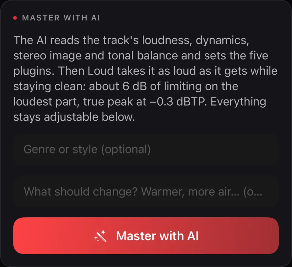 Master with AI card: what the AI does, optional genre and notes, and the Master with AI button