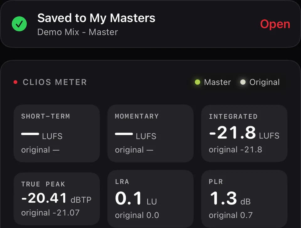 Saved to My Masters, with the Clios Meter showing master and original