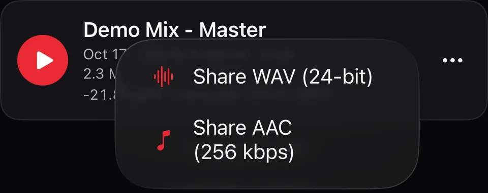 Share menu: Share WAV (24-bit) or Share AAC (256 kbps)