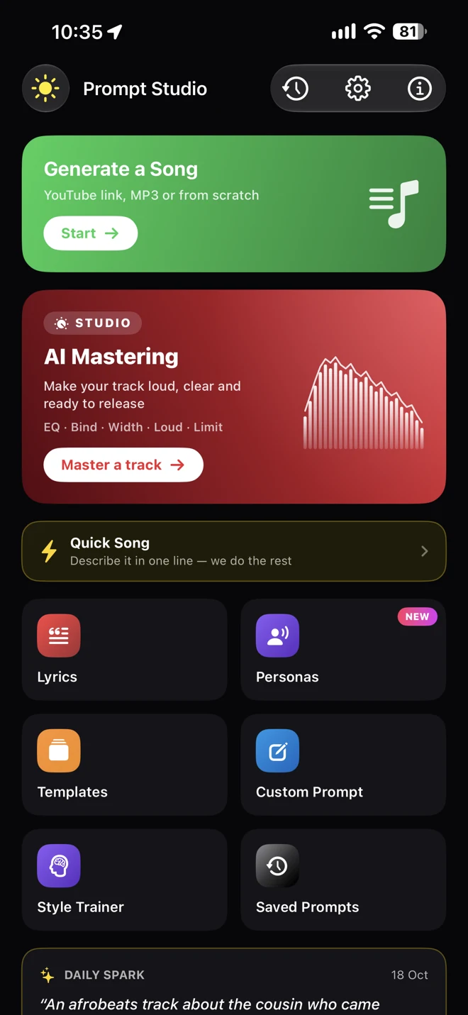 Prompt Studio with Generate a Song, AI Mastering, Quick Song, Lyrics, Personas, Templates, Custom Prompt, Style Trainer and Saved Prompts