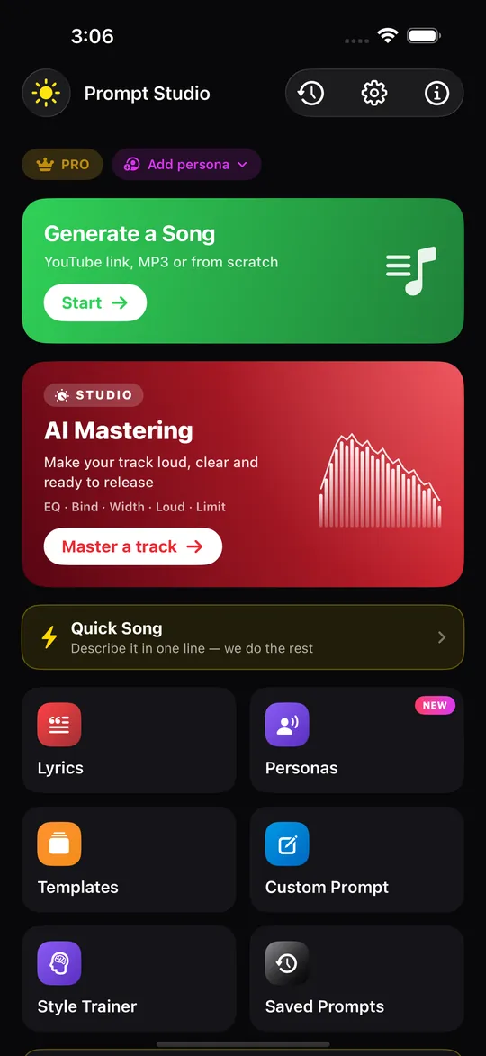 Prompt Maschine 1.5 home screen with the AI Mastering card