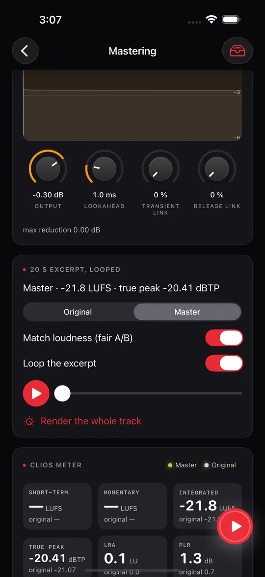 Listen card: original and master at matched loudness, render the whole track