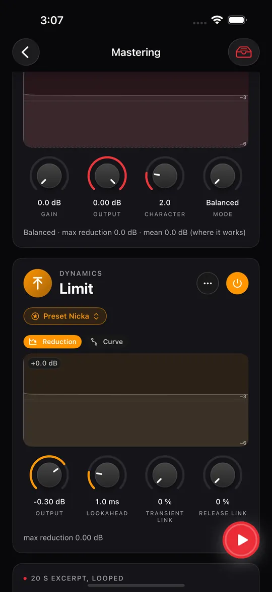 The Clios Loud maximizer and Limit true-peak limiter inside Prompt Maschine