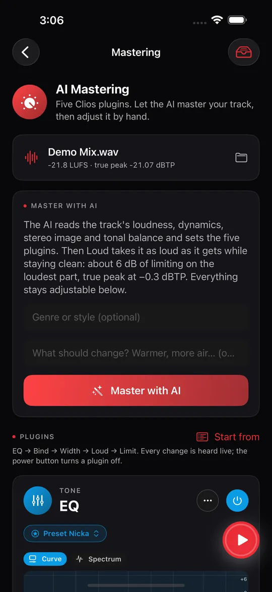 The Mastering screen: Master with AI, with optional genre and notes