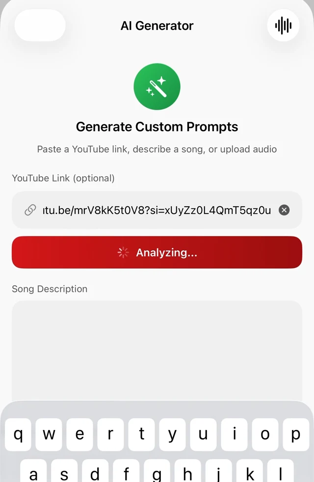 AI Prompt Generator screen analyzing a YouTube link