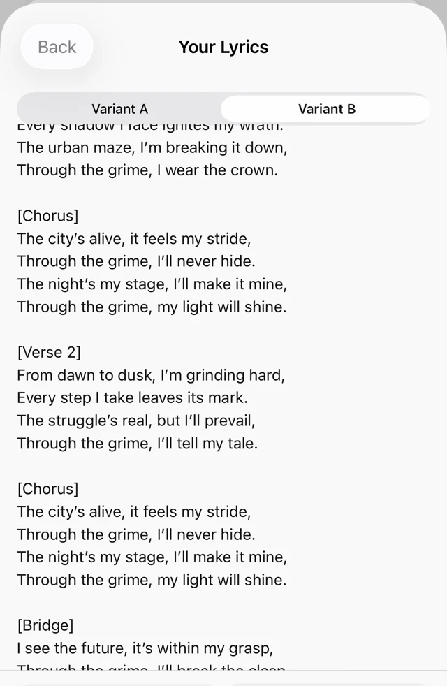 Your Lyrics screen showing Variant A and Variant B