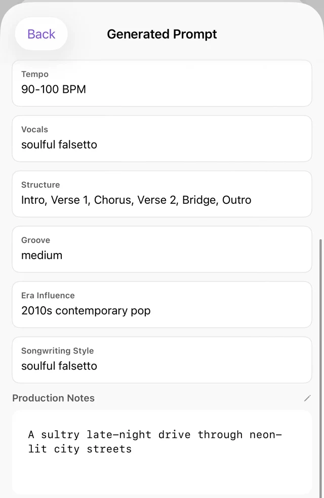 Generated prompt breakdown with tempo, vocals, structure and production notes