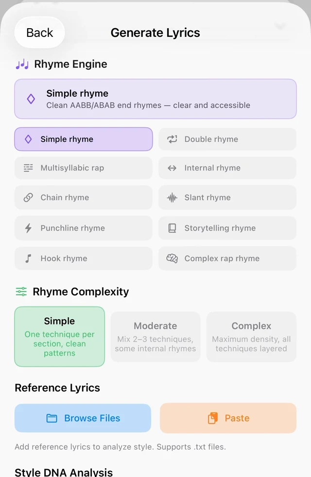 Rhyme Engine screen with ten rhyme systems