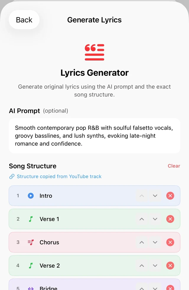 Song Structure builder with reorderable sections