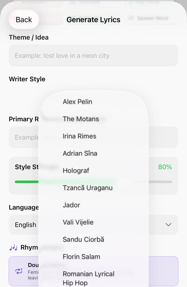 Writer Style picker with saved style profiles